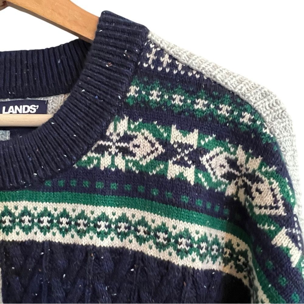 Lands End Womens Patchwork Fair Isle Cable Knit Sweater Size S Fisherman Grandpa - Picture 3 of 9